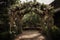 rustic wooden archway, decorated with vines and flowers for elegant wedding