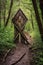 rustic wooden arrow sign on a nature trail