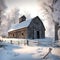 Rustic Wooden Barn With Frosty Winter Trees
