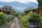 Rustic wooden barrel with red flowers on a rural path with mountain view