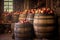 rustic wooden barrels filled with fresh apple cider