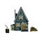 Rustic wooden blue house with yellow decor, ax and firewood, watercolor