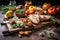 a rustic wooden board filled with fresh bruschetta ingredients