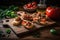 a rustic wooden board, lined with freshly made bruschetta