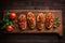 a rustic wooden board, lined with freshly made bruschetta