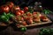 a rustic wooden board, lined with freshly made bruschetta