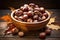 Rustic Wooden Bowl Filled With Roasted Chestnuts. Generative AI