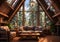 Rustic wooden cabin, with large windows that allow you to see the forest landscape. AI generated