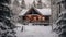 Rustic Wooden Cabin Nestled Amidst A Snowy Winter Wonderland. Generative AI