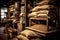 Rustic wooden coffee processing station, with bags of coffee beans stacked neatly, conveying the craftsmanship and attention to