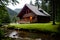 A rustic wooden cottage nestled deep within a dense forest.