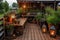 rustic wooden deck with potted plants and lanterns for a warm and welcoming campsite