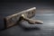 rustic wooden door handle, with a brass finish and keyhole, on weathered gray background