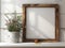 Rustic wooden frame mockup with a potted plant and pencil on a whitewashed brick wall background