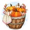 Rustic wooden half barrel with pumpkins and country towel