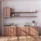 Rustic wooden kitchen with appliances in bleached and beige tones. Cabinets, shelves, wallpaper and parquet floor. Farmhouse