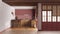 Rustic wooden kitchen in white and red tones. Cabinets, island with stools, parquet floor. Door and window. Farmhouse interior