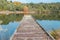 Rustic wooden pier leading int water of small lake