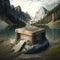Rustic wooden podium on top of a serene lake surrounded by natural stone mountains AI generation
