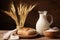 Rustic wooden shelf holds a ceramic plate with bread, beside a milk jug. A vase showcases ripe wheat. Cozy ambiance.