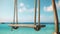 A rustic wooden swing on ropes against a tropical teal blue ocean horizon seascape illustration.