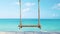 A rustic wooden swing on ropes against a tropical teal blue ocean horizon seascape illustration.