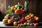 Rustic wooden table adorned with seasonal fruits and vegetables