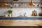 Rustic wooden table with a blurred white kitchen wall background