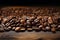 Rustic wooden table hosts a close up of aromatic coffee beans