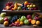 Rustic wooden table with seasonal produce and fruits