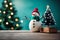 A Rustic Wooden Table With Snowman And A Pine Tree In The Blur Background