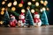 A Rustic Wooden Table With Snowman And A Pine Tree In The Blur Background