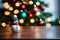 A Rustic Wooden Table With Snowman And A Pine Tree In The Blur Background