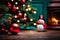 A Rustic Wooden Table With Snowman And A Pine Tree In The Blur Background