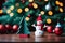 A Rustic Wooden Table With Snowman And A Pine Tree In The Blur Background