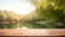 Rustic Wooden Table Top: Vibrant Green River, Soft Bokeh, and Golden Hour Charm
