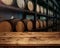 Rustic wooden table in a wine cellar