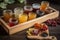 rustic wooden tray with assortment of jams, jellies, and preserves