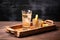 rustic wooden tray carrying a single ginger shot