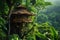 A rustic wooden tree house nestled amongst lush green vegetation in the heart of the jungle, Tree house in a verdant rainforest,