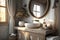 a rustic wooden vanity with a round white wash basin and natural accents
