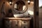 a rustic wooden vanity with a round white wash basin and natural accents