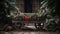 a rustic wooden wagon adorned with pine cones, greenery, and a red bow, situated in a Christmas tree farm