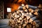 rustic woodpile stacked near a fireplace