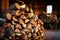 rustic woodpile stacked near a fireplace