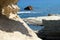 Rusting shipwreck at Sarakiniko on Milos island, Cyclades Islands, Greece