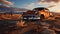 A rusty abandoned car on the side of the desert, the road deserted, the windows broken, and the tires long gone