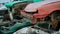 Rusty broken cars. Stacks of old broken cars without details on recycling junkyard.