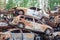 Rusty burnt cars destroyed by rocket explosions. War in Ukraine. Destroyed vehicles of civilians who were leaving were evacuated