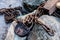 Rusty chain on the brickwork. The symbol of slave labor